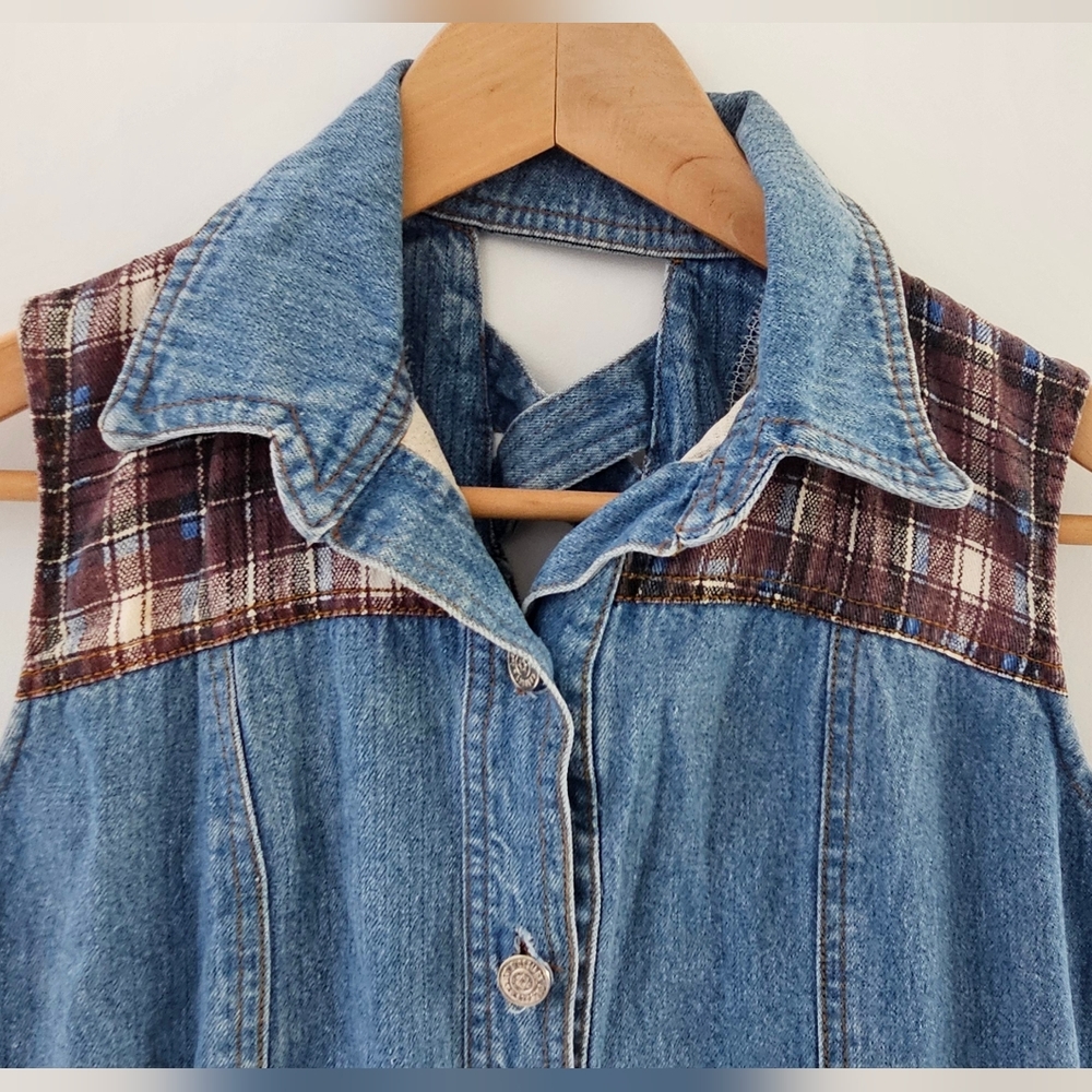 Boho Retro Western Cow Girl Denim Shirt Dress Button Front Plaid Accent Size S - Picture 3 of 13